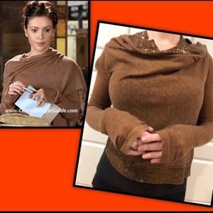 YA-YA CASHMERE SEQUIN BROWN WRAP CARDIGAN SWEATER S